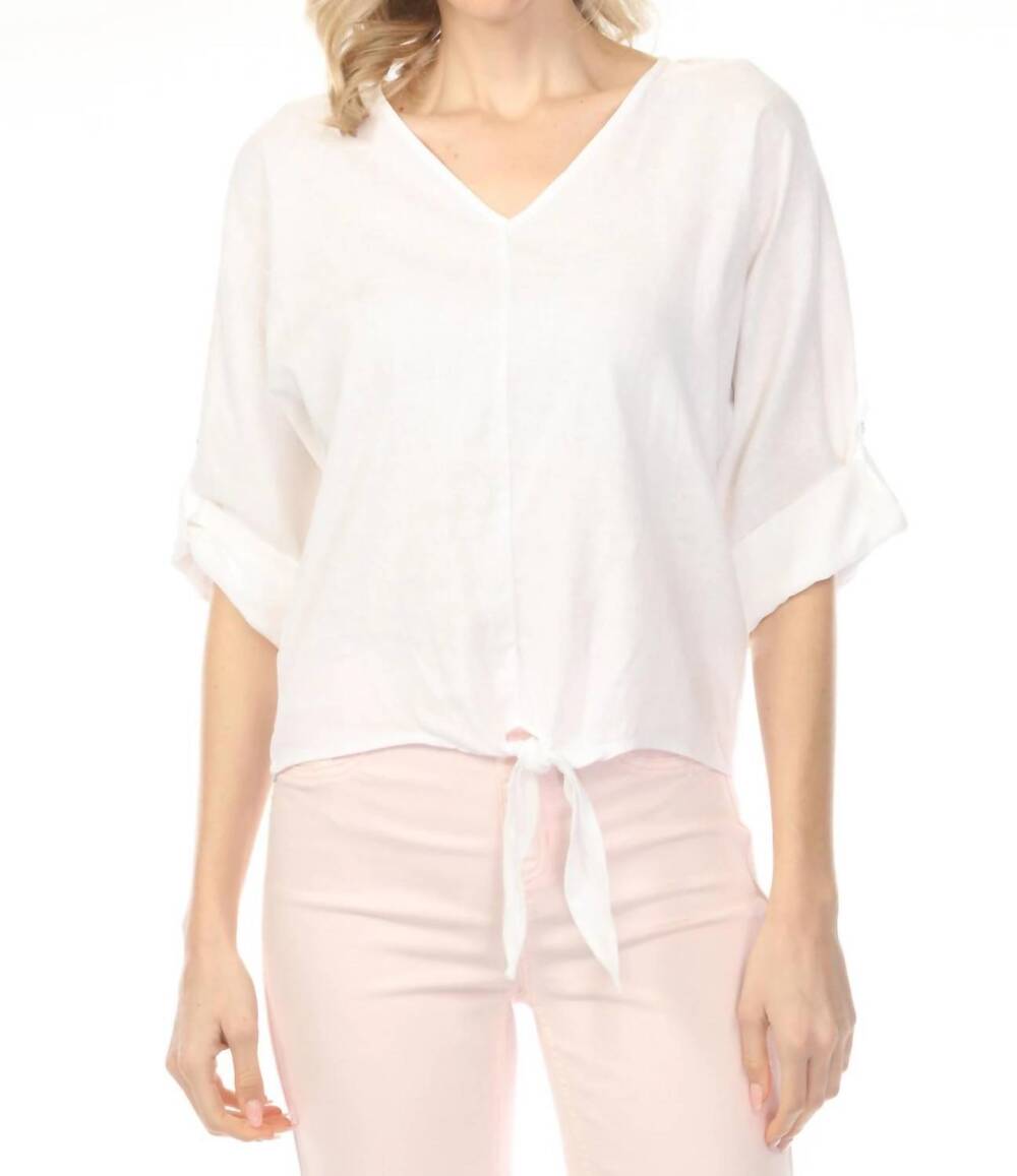 NEW CHARLIE B roll-up sleeve front tie top in white